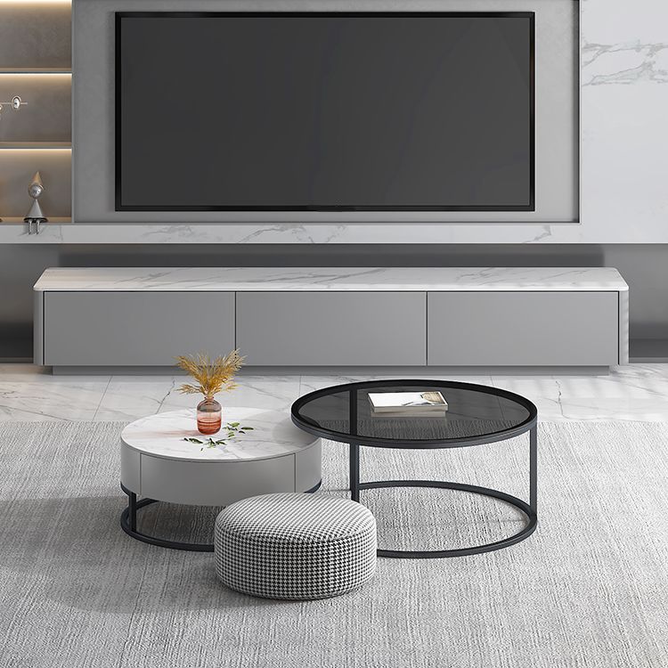 Modern Round Glass & Slate Coffee Table Set Frame Cocktail Table with Drawer Clearhalo 'Coffee & Accent Tables' 'Coffee Tables' 'coffee_tables' 'furn' 'furn_coffee_tables' 'Furniture' 'Living Room Furniture' 1200x1200_51f0903f-e778-48ad-a653-ee0b10039a18