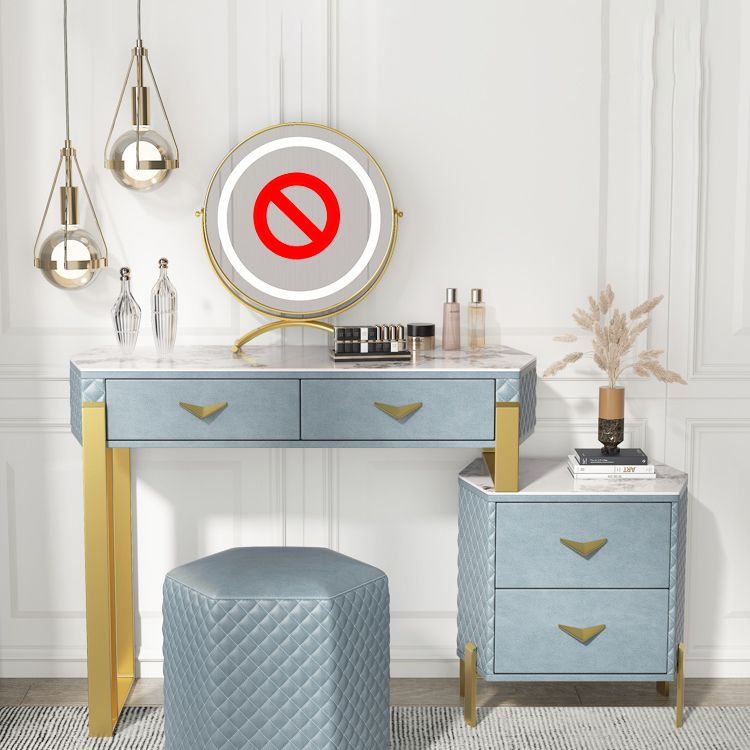 Faux Leather Makeup Dressing Table Stool Set Blue Makeup Vanity