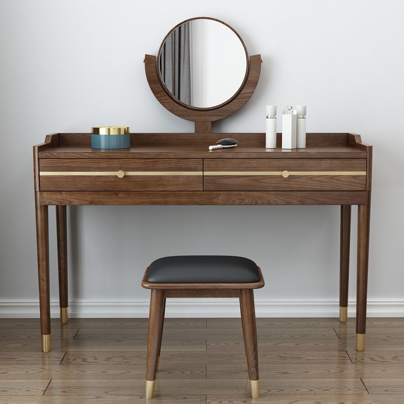 Specchio e 2 cassetti per trucco vanità tradizionale set di sgabelli da toeletta marrone