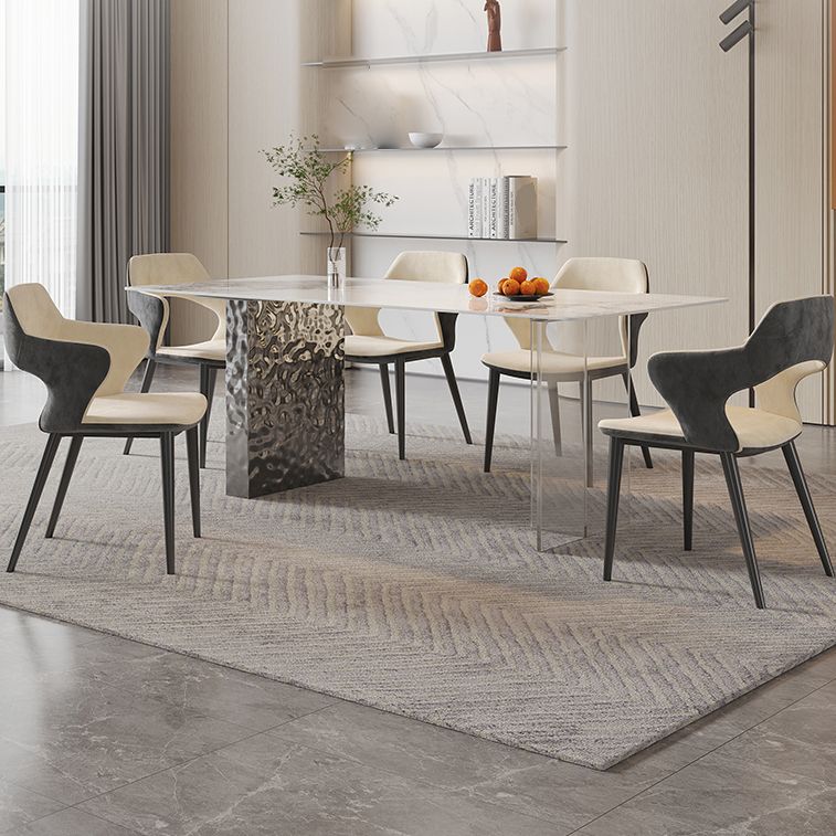 Rectangular Dining Table Grey Stone Table Top Double Pedestal Metal Base Clearhalo 'Dining Tables & Seating' 'Dining Tables' 'dining_table' 'furn' 'furn_dining_table' 'Furniture' 'Kitchen & Dining Furniture' 1200x1200_523ae52b-d8ac-4e1b-a682-a0804c4bab9d