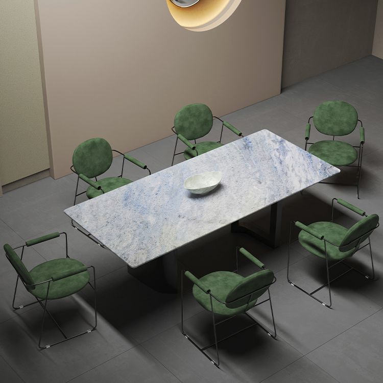 Hedendaagse rechthoek blauw marmer eettafel met dubbele voetstuk