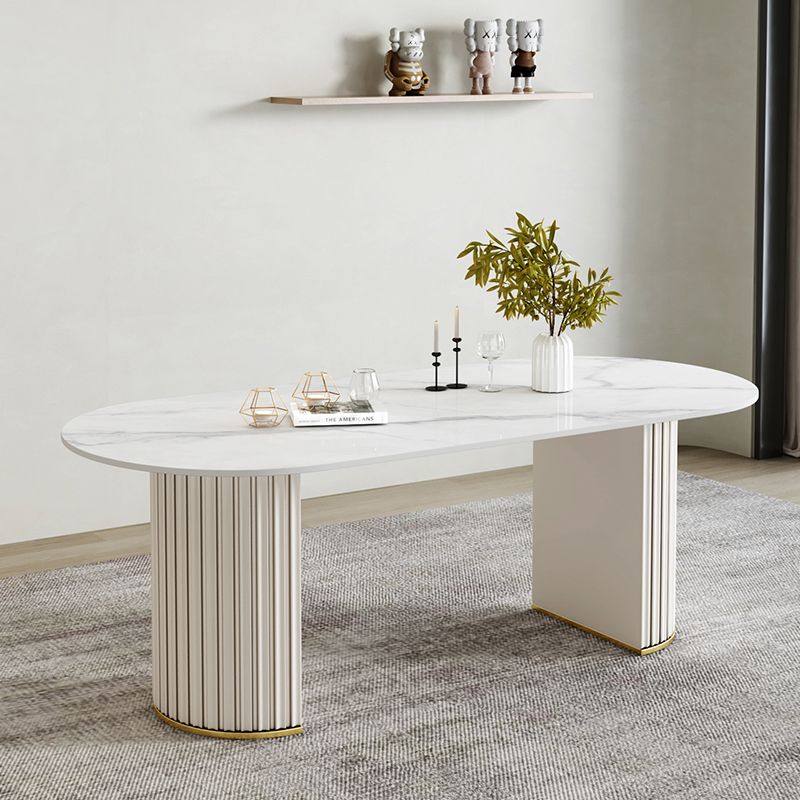 Simple Oval Dining Room Table Sintered Stone Top Double Pedestal Table Clearhalo 'Dining Tables & Seating' 'Dining Tables' 'dining_table' 'furn' 'furn_dining_table' 'Furniture' 'Kitchen & Dining Furniture' 1200x1200_5253b46a-2eaf-439e-80af-691f4f6284e5