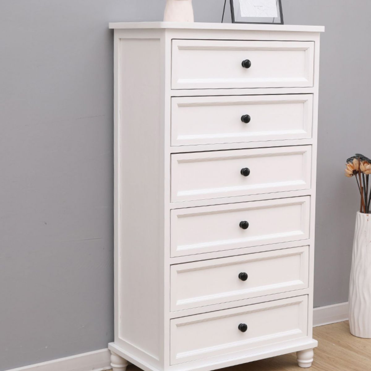 Contemporary White Accent Chest with Drawers and Solid Wood Bun Feet