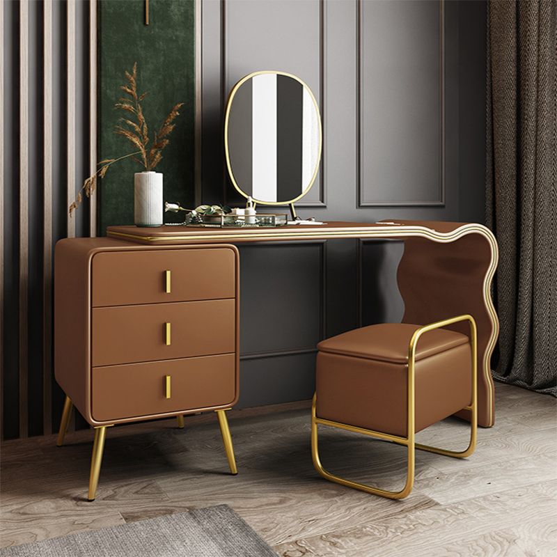 Genuine Leather Vanity Table Set Glam 30. 7" H Makeup Dressing Table with 3 Drawers