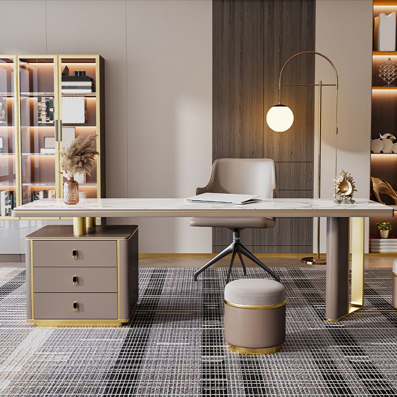 Pedestal Glam Office Desk Slate Writing Desk with File Cabinet for Office Clearhalo 'furn' 'furn_office_desk' 'Furniture' 'Office Desks' 'Office Furniture' 'office_desk' 1200x1200_52b843a6-6b6a-40c1-bb11-1064f82d79f6
