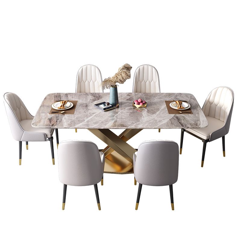 Modern Style Sintered Stone Dining Table with Standard Height Fixed Table and Gold Trestle Base Clearhalo 'Dining Room Sets' 'Dining Tables & Seating' 'dining_room_set' 'furn' 'furn_dining_room_set' 'Furniture' 'furniture_dining_room_set' 'Kitchen & Dining Furniture' 'kitchen&dining_furn' 'kitchen' 1200x1200_52ff5193-335b-4c8a-a21a-b36f6ad3c219