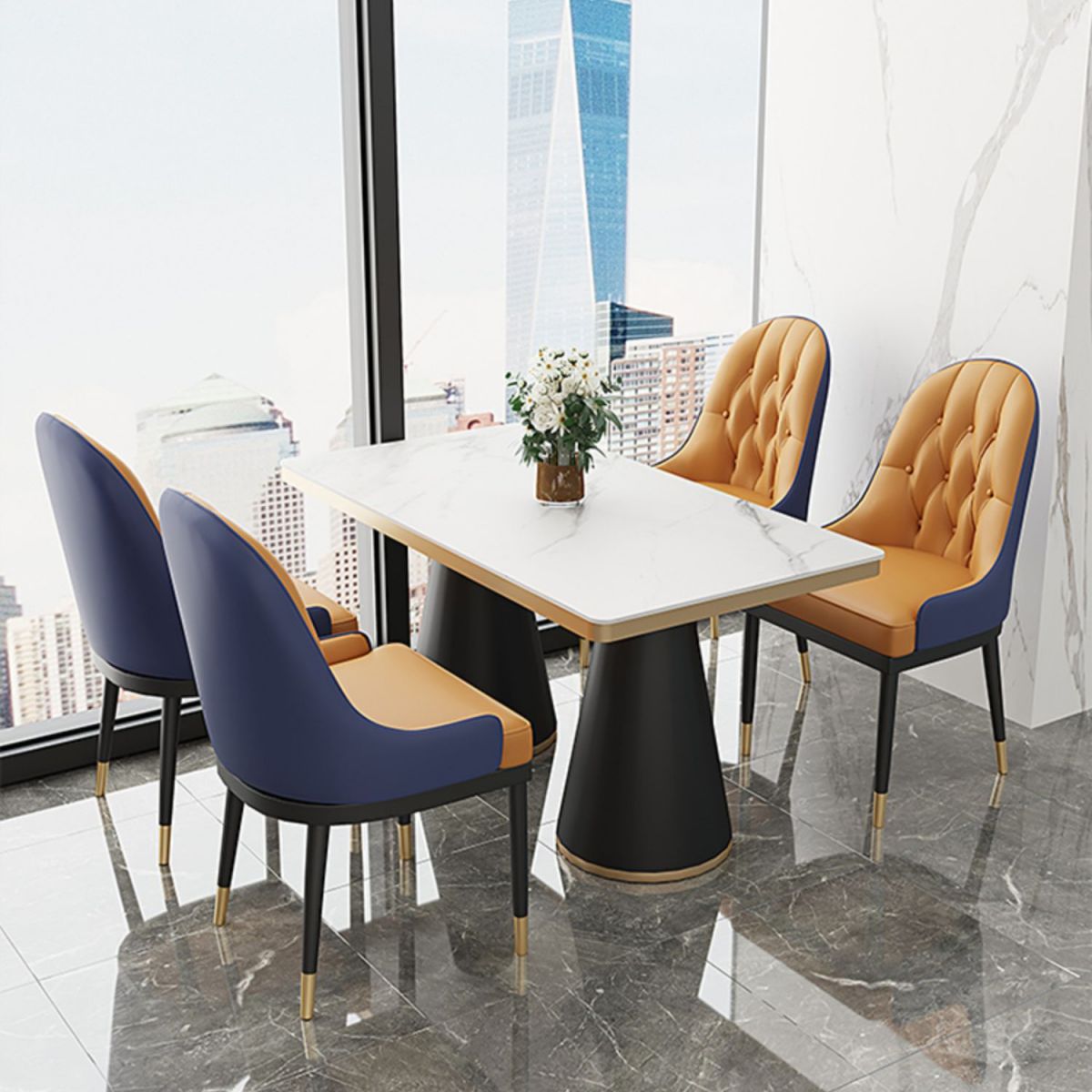 Silla de comedor de metal de cuero de estilo glamoroso para uso en el hogar