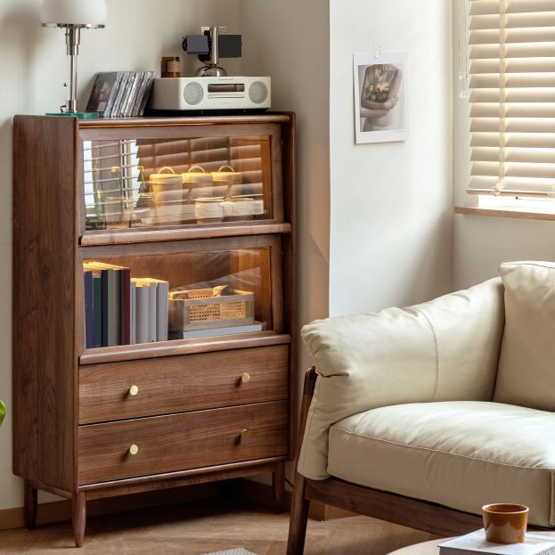 Modern Living Room Floor Cabinet Solid Wood Glass Doors with Lighting