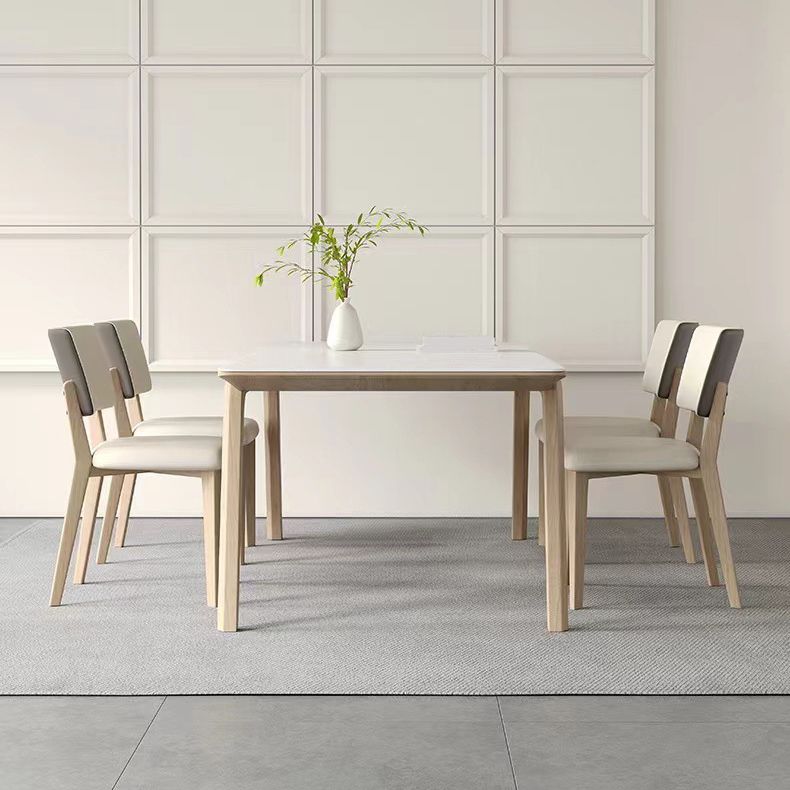 Stone Dining Table Set with Ash Wood Frame 1/4/5/7 Pcs Contemporary White Dining Set