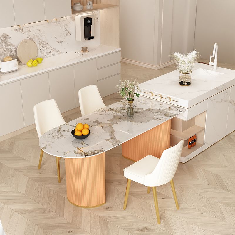 Moderne stenen eettafel ovale ijzeren tafel met dubbele voetstuktafel