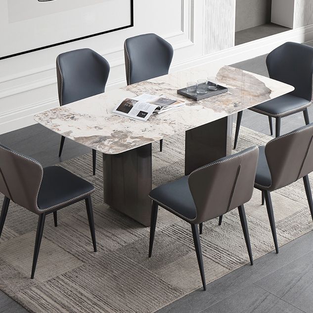 Modern Rectangle Shape Sintered Stone Dining Table Kitchen Dining Table with Double Pedestal Clearhalo ' dining_table' 'Dining Tables & Seating' 'Dining Tables' 'Furniture' 'furniture_dining_table' 'Kitchen & Dining Furniture' 'kitchen&dining_furn' 'kitchen' 'kitchen_dining_table' 1200x1200_5377a3af-5fa1-4aad-803f-1abc266f4426