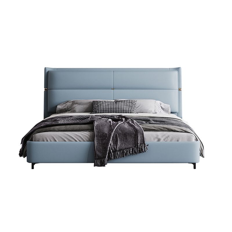 Lederen gestoffeerd rechthoekig paneelbed Standaard bedframe in blauw