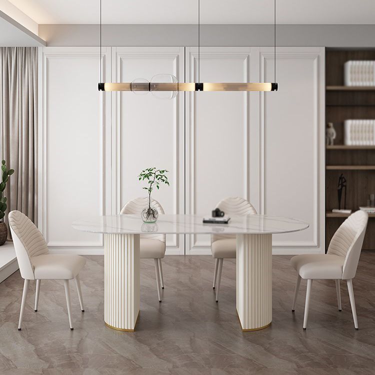 Glam White Sintered Stone Dining Table Kitchen Standard Table with Double Pedestal Base Clearhalo ' dining_table' 'Dining Tables & Seating' 'Dining Tables' 'furn' 'furn_dining_table' 'Furniture' 'furniture_dining_table' 'Kitchen & Dining Furniture' 'kitchen&dining_furn' 'kitchen' 'kitchen_dining_table' 1200x1200_5398f69d-7af3-4a86-b8cc-d5456b1b7191