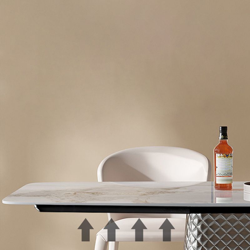 Modern White Rectangular Stone Top Dining Table with Silver Pedestal Clearhalo 'Dining Tables & Seating' 'Dining Tables' 'dining_table' 'furn' 'furn_dining_table' 'Furniture' 'Kitchen & Dining Furniture' 1200x1200_53a24392-2966-458c-8450-f59c02538d73