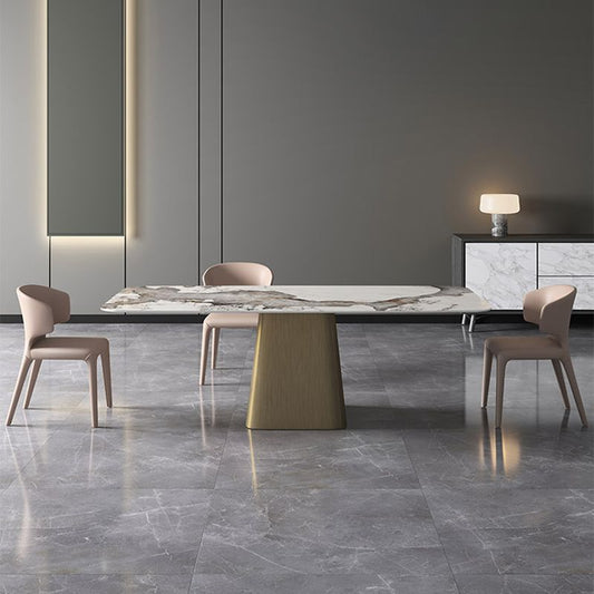 Rectangle Contemporary Dining Room Table White Sintered Stone Table with Pedestal Base