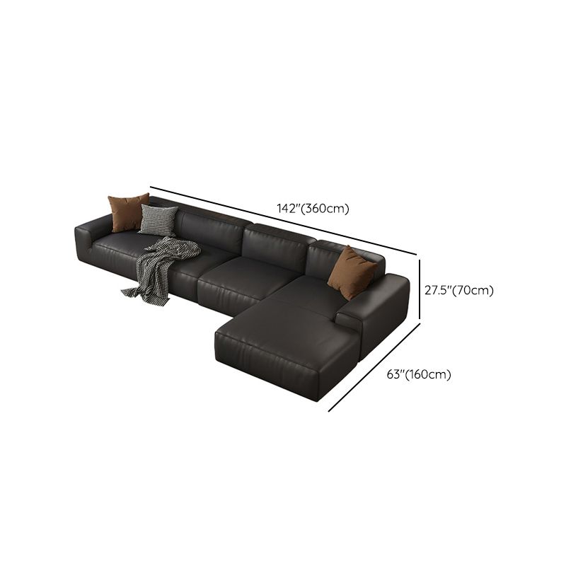 Canapé de bras carré en cuir authentique noir contemporain avec oreillers