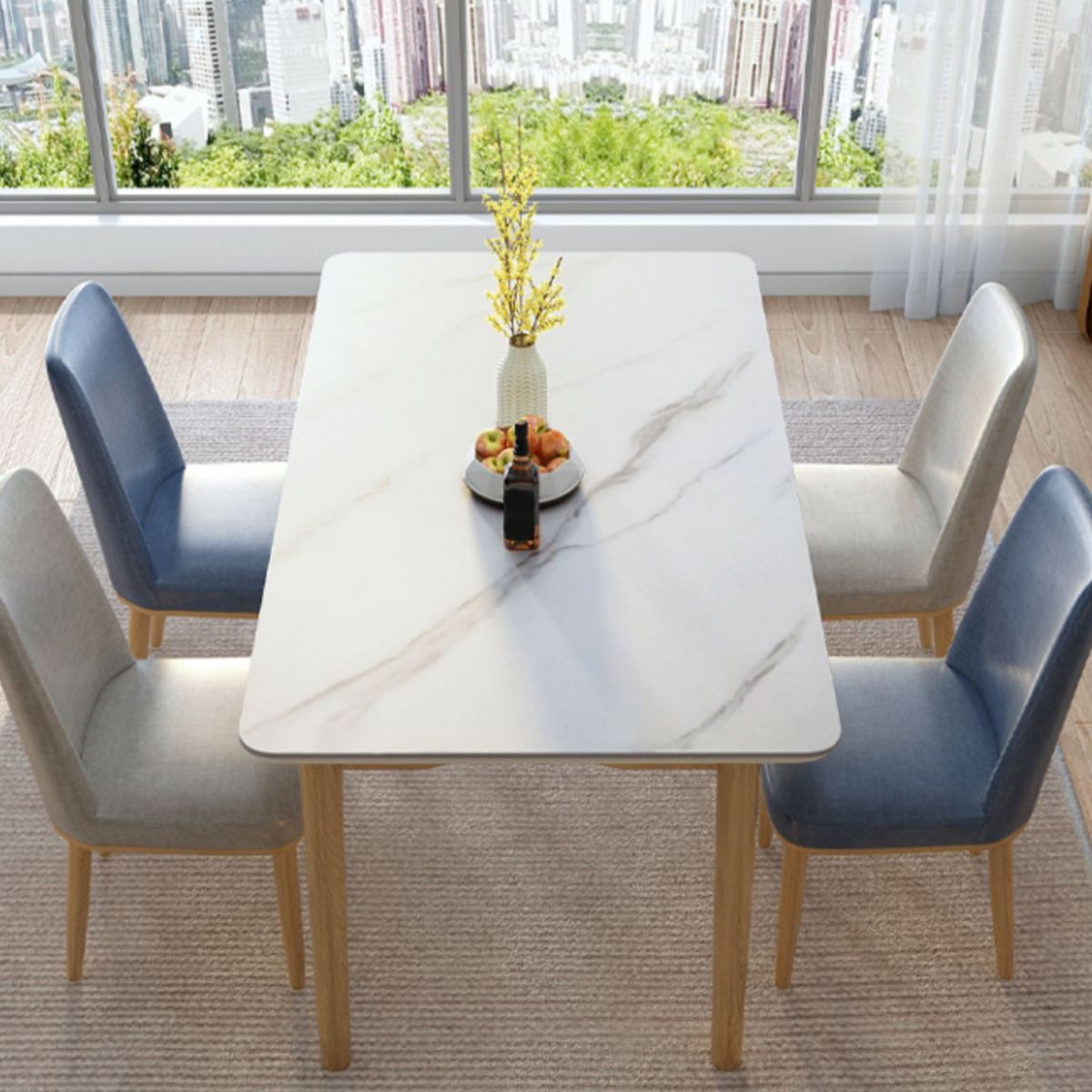 Mesa de comedor de piedra rectangular blanco moderno con 4 pies de madera maciza