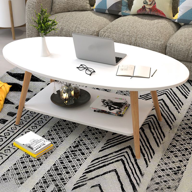 Tavolo da caffè in legno massiccio ovale moderno con scaffale di stoccaggio e 4 gambe