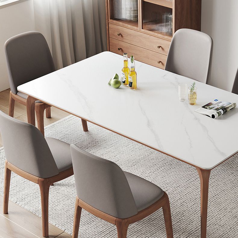 Mesa de comedor de piedra blanca rectangular moderna con 4 patas de nogal