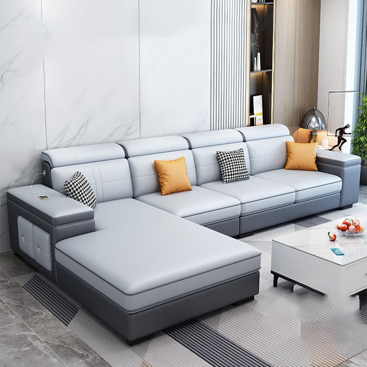 Contemporary Blue Faux Leather Sofa & Chaise for Living Room