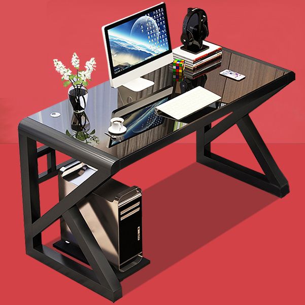 Contemporary Rectangular Computer Desk Toughened Glass Desktop Trestle Base Desk Clearhalo 'furn' 'furn_office_desk' 'Furniture' 'furniture_office_desk' 'Office Desks' 'Office Furniture' 'office_desk' 1200x1200_5463721d-31b9-45c6-85f6-2ddcc3b937e3