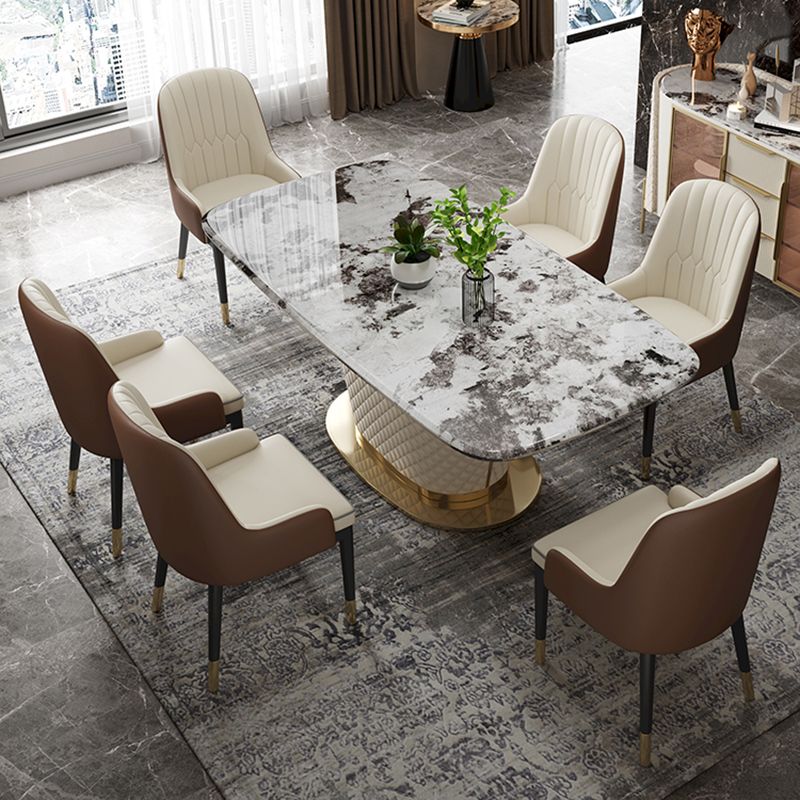 Rectangle Pedestal Dinette Table Traditional Luxury Faux Marble Dinner Room Table Clearhalo 'Dining Tables & Seating' 'Dining Tables' 'dining_table' 'furn' 'furn_dining_table' 'Furniture' 'Kitchen & Dining Furniture' 1200x1200_546582cb-955d-410b-ac61-3ee595feae65