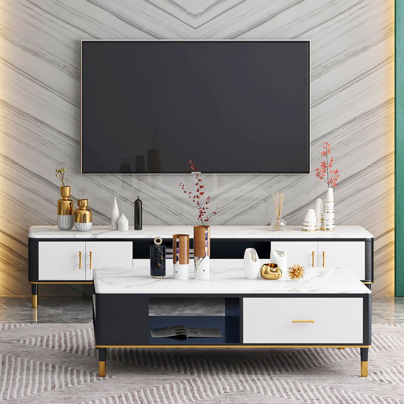 Glam Style TV Stand Stone White Color Open Rangement TV Console avec étagères