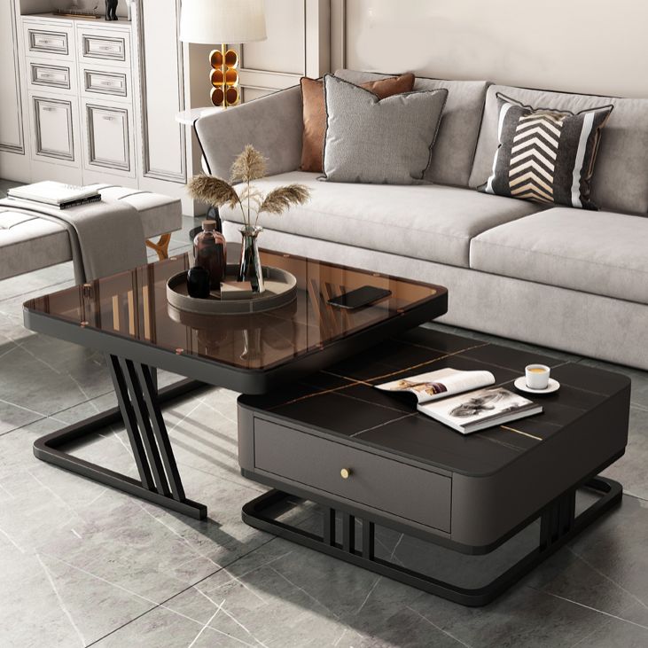 Modern Round Glass / Slate Cocktail Table Steel Frame Coffee Table with Drawer