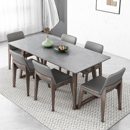 Mid-Century Modern Dining Table Gray Sintered Stone Dining Table with Wood Base