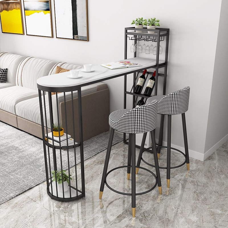 Glam White Stone Bar Dining Table Iron Double Pedestal Bistro Table with Wine Rack Clearhalo 'Bar Furniture' 'Bar Tables' 'bar_tables' 'furn' 'furn_bar_tables' 'Furniture' 'furniture_bar_tables' 'Kitchen & Dining Furniture' 'kitchen&dining_furn' 'kitchen' 1200x1200_549c6339-15eb-4205-83d4-db58b2803ae1