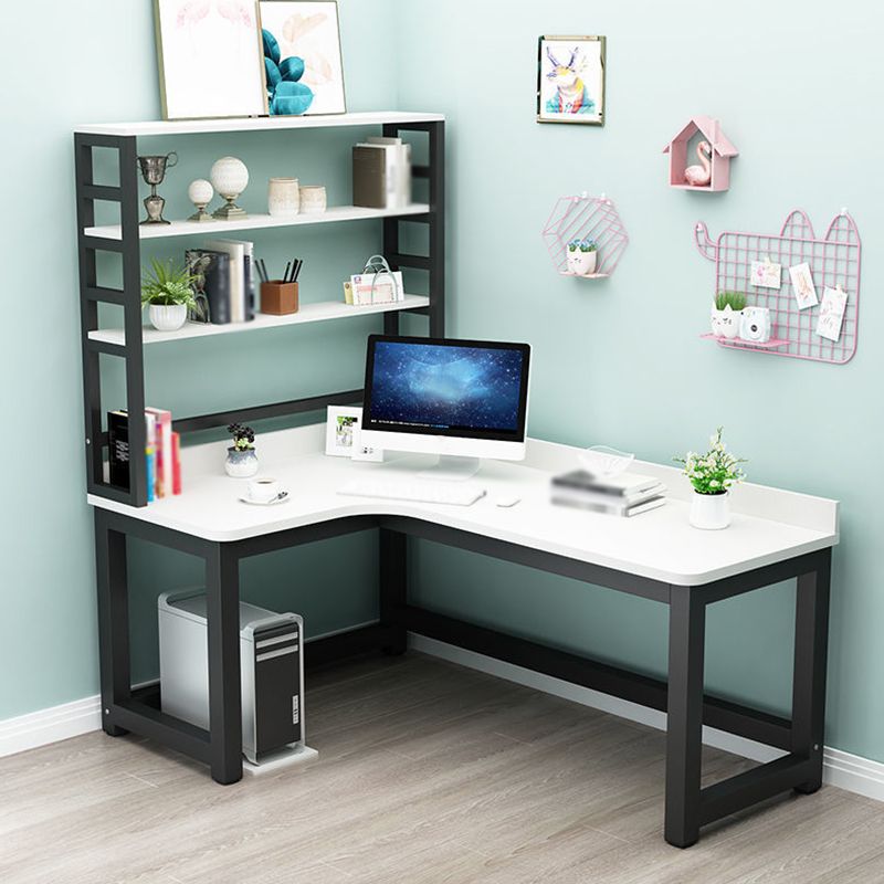 L-Shape Writing Desk Steel H-Shape Table Leg Desk with Shelf Clearhalo 'furn' 'furn_office_desk' 'Furniture' 'furniture_office_desk' 'Office Desks' 'Office Furniture' 'office_desk' 1200x1200_549d6ba5-0d40-4db4-8e8f-ee04d701f019