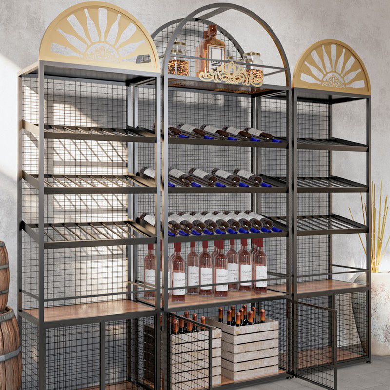 Rack à vin de bouteille de plancher en métal Porte-vin noir contemporain avec étagères de rangement