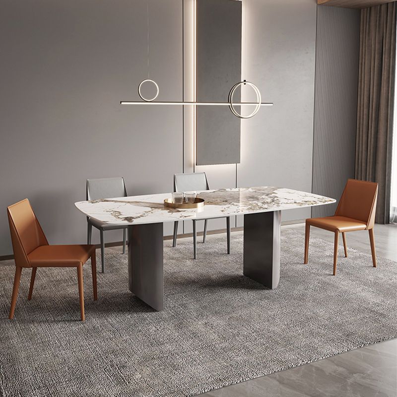 Moderne rechthoekige stenen tafel standaardhoogte dubbele voetstuk eettafel