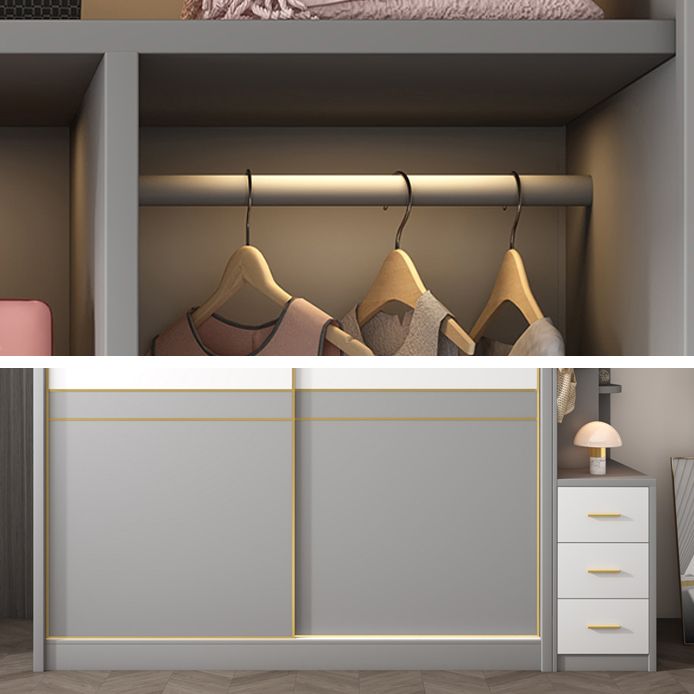 Armadio di stoccaggio bianco e grigio per moderni moderni in legno con porte scorrevoli