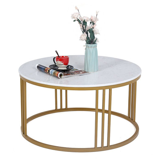 Glam Style White Round Coffee Table with Marble Top and Iron Frame Base