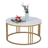 Glam Style White Round Coffee Table with Marble Top and Iron Frame Base