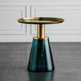 Tavolino in metallo/vetro rotondo con base laterale moderna di base a base di piedistallo