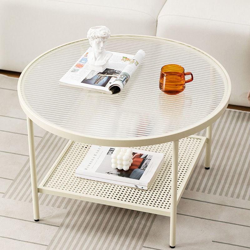 Modern 17.7"H Round Glass Cocktail Table Iron 4 Legs Coffee Table with Shelf Clearhalo 'Coffee & Accent Tables' 'Coffee Tables' 'coffee_tables' 'furn' 'furn_coffee_tables' 'Furniture' 'Living Room Furniture' 1200x1200_55682413-3f77-40f2-bd2f-394a2470314e