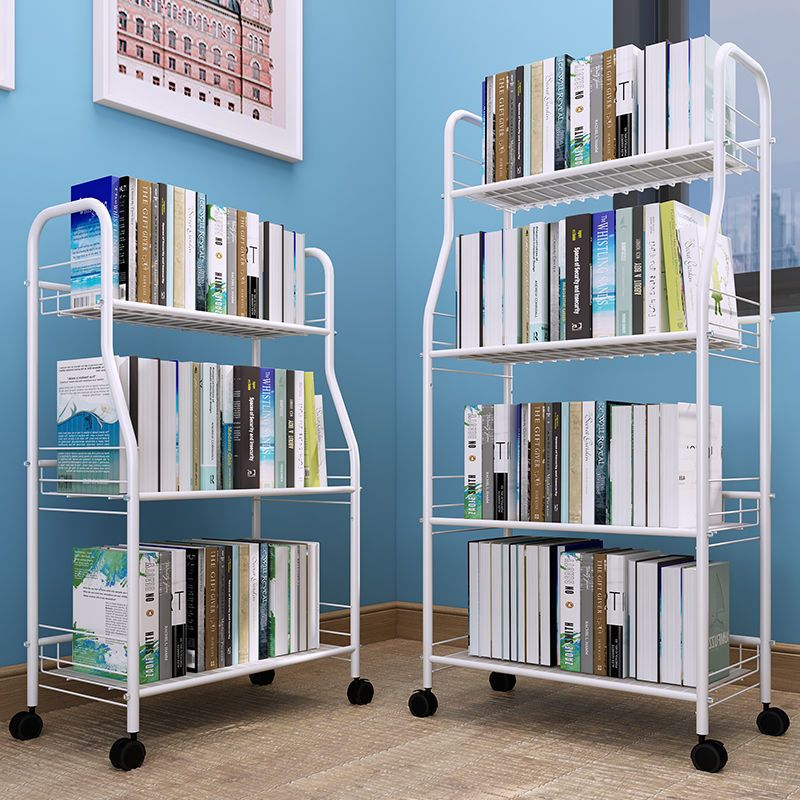 Modern Steel Bookshelf with Wheels Open Bookcase for Living Room