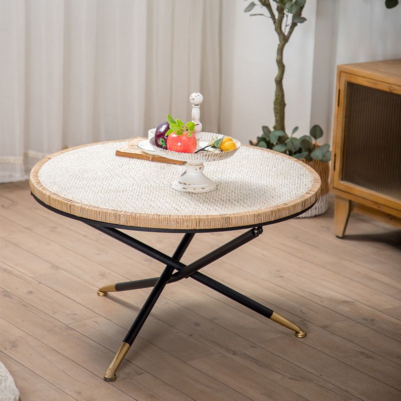 Cross Legs Round Glass Coffee Cocktail Table with Rattan Accent Clearhalo 'Coffee & Accent Tables' 'Coffee Tables' 'coffee_tables' 'furn' 'furn_coffee_tables' 'Furniture' 'Living Room Furniture' 1200x1200_558b85fc-cdb3-47d7-850d-6edfc434b021