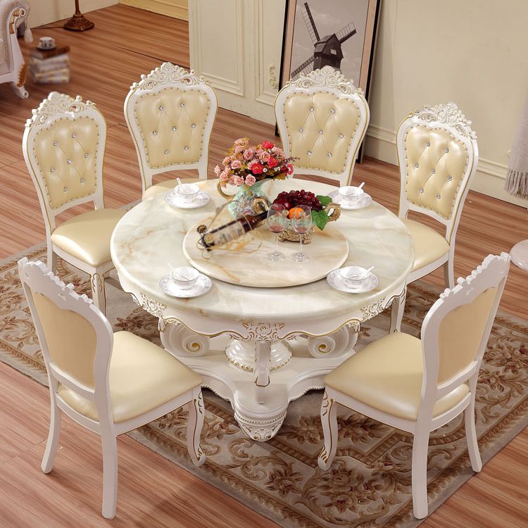 Oak Wood Victorian Round Dining Table Faux Marble Table Top with Pedestal Base Clearhalo 'Dining Tables & Seating' 'Dining Tables' 'dining_table' 'furn' 'furn_dining_table' 'Furniture' 'furniture_dining_table' 'Kitchen & Dining Furniture' 'kitchen' 'kitchen_dining_table' 1200x1200_558b9166-428e-4c88-adc2-bdaa95dfe3c3