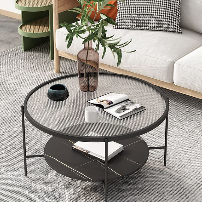 Modern Style Round Glass Table Plate Metal 4 Legs Base with Storage Rack Coffee Table Clearhalo 'Coffee & Accent Tables' 'Coffee Tables' 'coffee_tables' 'furn' 'furn_coffee_tables' 'Furniture' 'Living Room Furniture' 1200x1200_5594def8-fbe2-4f85-9659-4d5d5ce5c42c