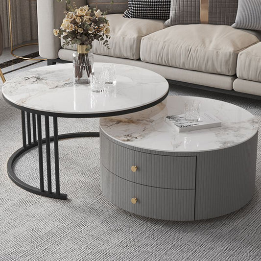 Contemporary Cocktail Table Round Glass / Slate Coffee Table with Drawers Clearhalo 'Coffee & Accent Tables' 'Coffee Tables' 'coffee_tables' 'furn' 'furn_coffee_tables' 'Furniture' 'Living Room Furniture' 1200x1200_55d61ddf-b11f-4ead-ad95-58f8be1e62f6
