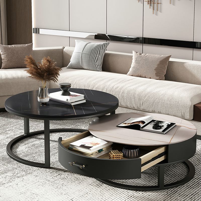 Round Slate Top Coffee Table Set Frame Cocktail Table with Storage Drawers Clearhalo 'Coffee & Accent Tables' 'Coffee Tables' 'coffee_tables' 'furn' 'furn_coffee_tables' 'Furniture' 'Living Room Furniture' 1200x1200_55e9ed84-eb08-456e-afc7-c69eed3afb7e