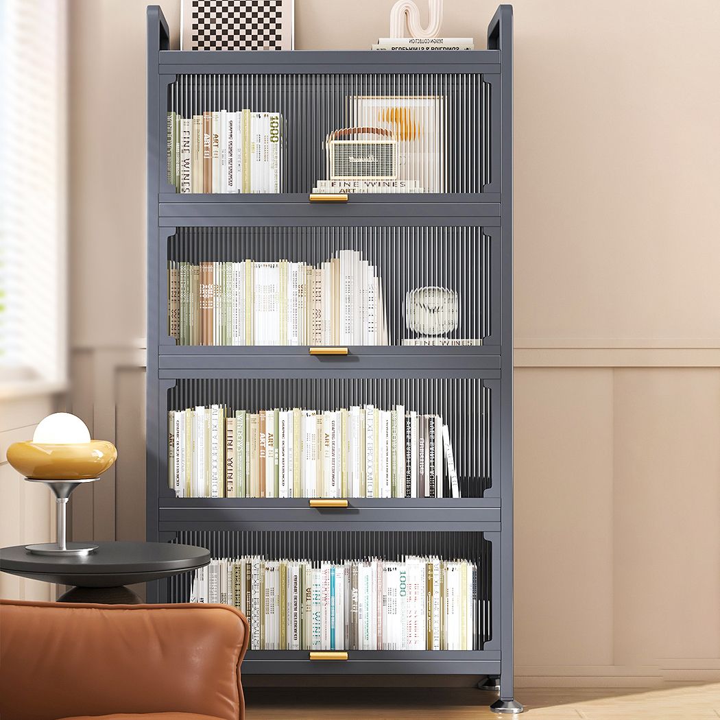 Modern Stainless Steel Bookcase, Grey, Geometric Bookshelf for Any Room with Door