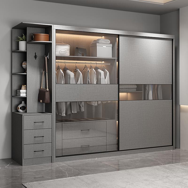Modern Style Glass Wardrobe Gray Colour Soft Close Drawer Wardrobe Closet Clearhalo 'Armoires & Wardrobes' 'armoires_wardrobes' 'Bedroom Furniture' 'furn' 'furn_armoires_wardrobes' 'Furniture' 1200x1200_55fa8239-b243-4667-b8ac-9be7e8e4feec