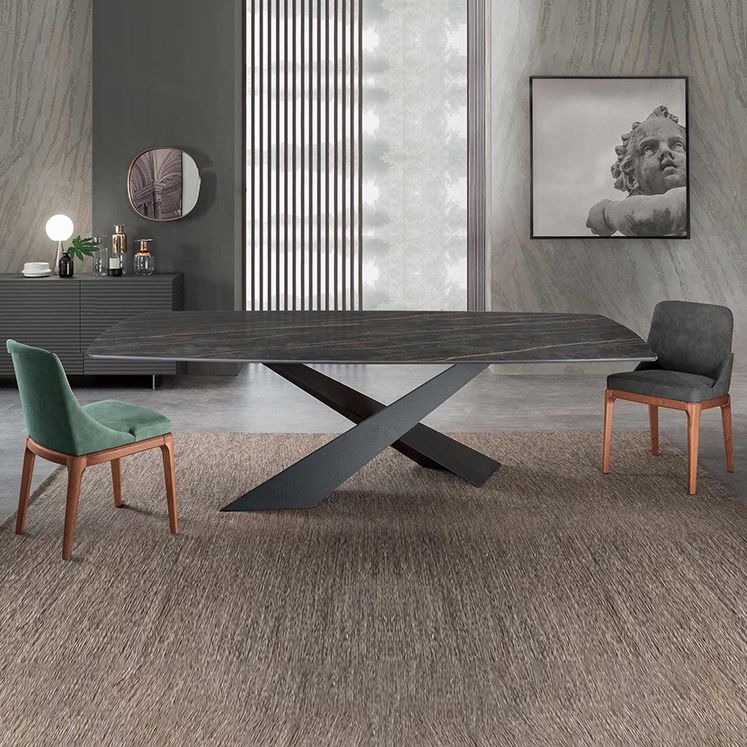 Contemporary Style Rectangle Dining Table Sintered Stone Table with Metal Legs for Kitchen