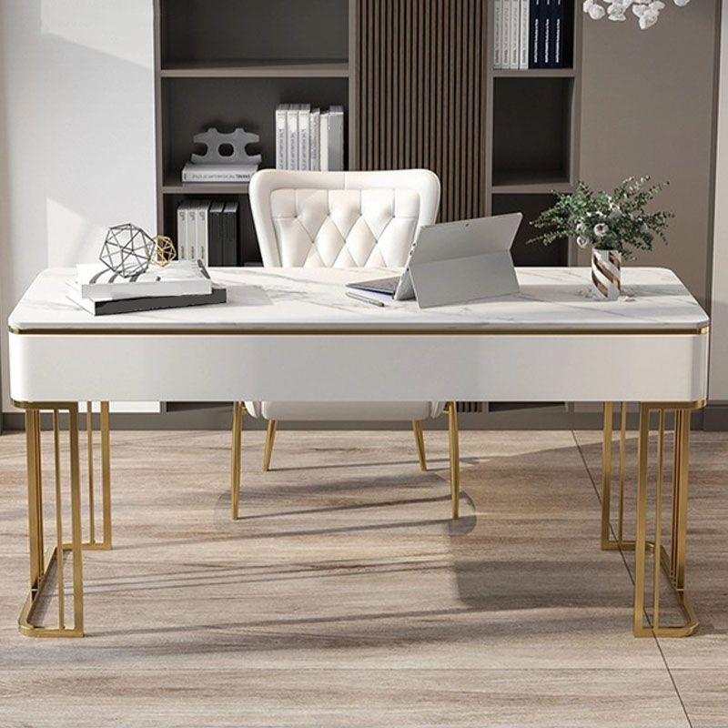 White and Gold Office Desk Glam Sled Writing Desk with Drawer Clearhalo 'furn' 'furn_office_desk' 'Furniture' 'Office Desks' 'Office Furniture' 'office_desk' 1200x1200_5619b56f-2436-4090-b029-055cfd29c895