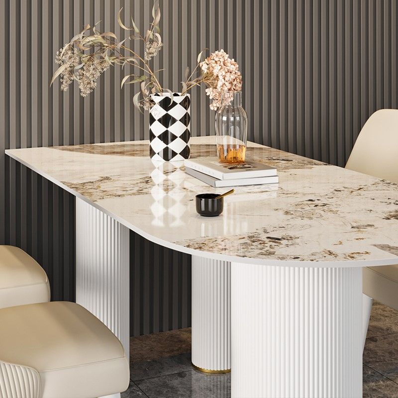Traditional Luxury Dining Table Stone and Metal White Base Double Pedestal Table Clearhalo 'Dining Tables & Seating' 'Dining Tables' 'dining_table' 'furn' 'furn_dining_table' 'Furniture' 'furniture_dining_table' 'Kitchen & Dining Furniture' 'kitchen' 'kitchen_dining_table' 1200x1200_562b2099-f993-4cf6-b23d-31b42aa2ffa0