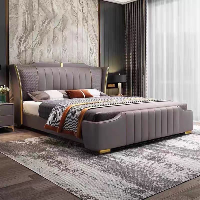 Glam Pine Wood Upholstered Headboard Rectangular Wingback Bed